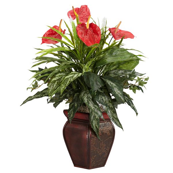 nearly natural Silk Mixed Greens & Anthurium Plant