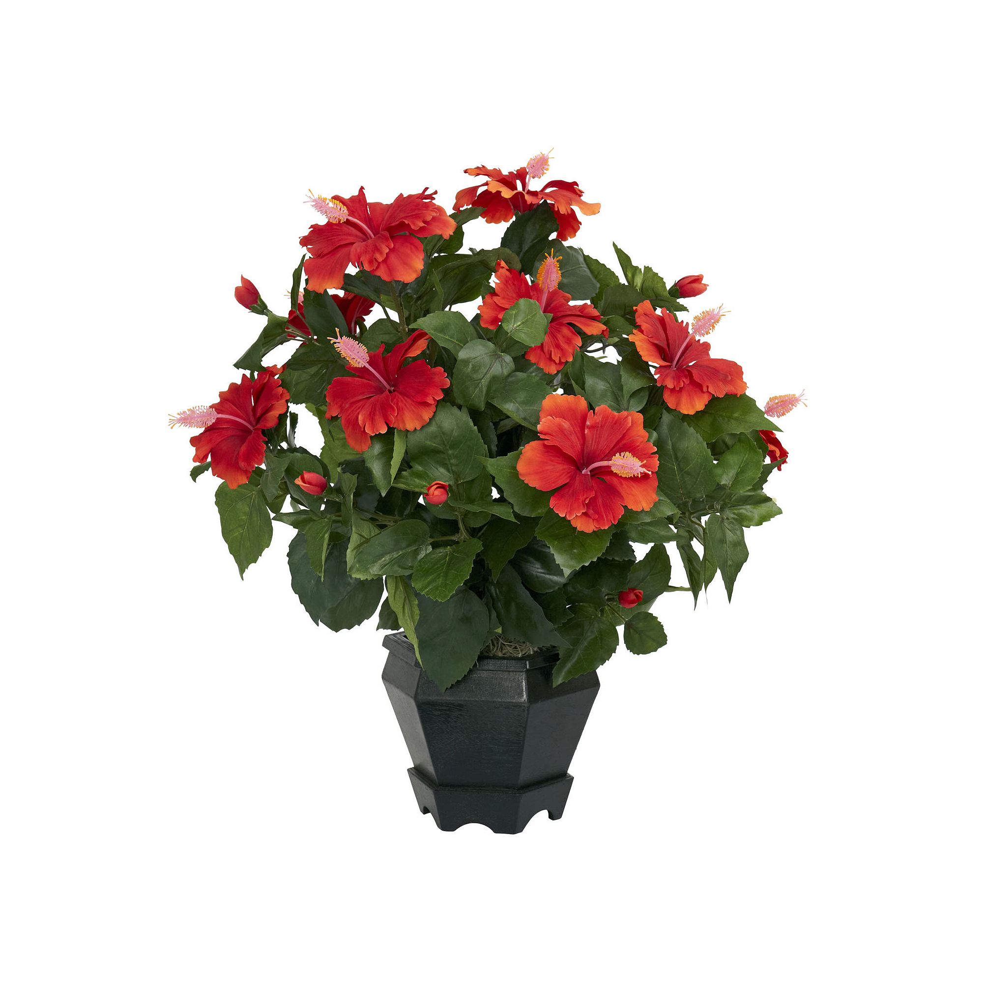 nearly natural Silk Hibiscus Plant in a Hexagonal Vase, Orange