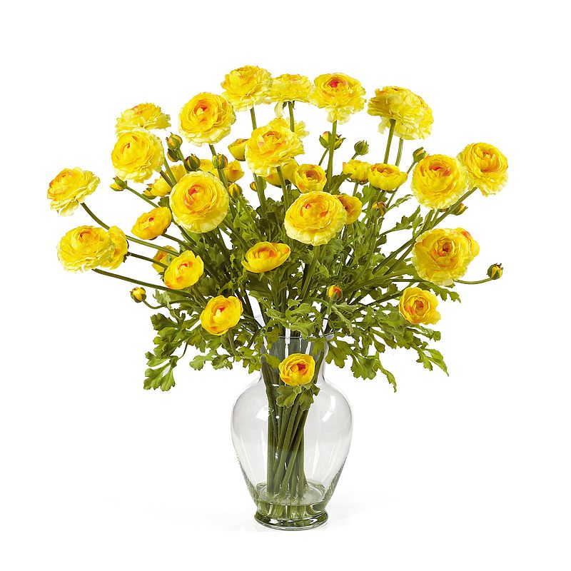 nearly natural Silk Ranunculus Floral Arrangement, Yellow Lifelike ranunculus blossoms and buds exude vivid color. Lush green leaves complement the realistic design. Vase creates the illusion of water for authentic appeal. 24H x 18W x 18D Planter: 10 1/2H x 6 1/2W Weight: 7 lbs Polyester/plastic/glass Wipe clean Model Numbers: Beauty: 1087-BU Cream: 1087-CR Yellow: 1087-YL Red: 1087-RD Size: One Size. Gender: unisex. Age Group: adult. Pattern: floral. Material: silk.