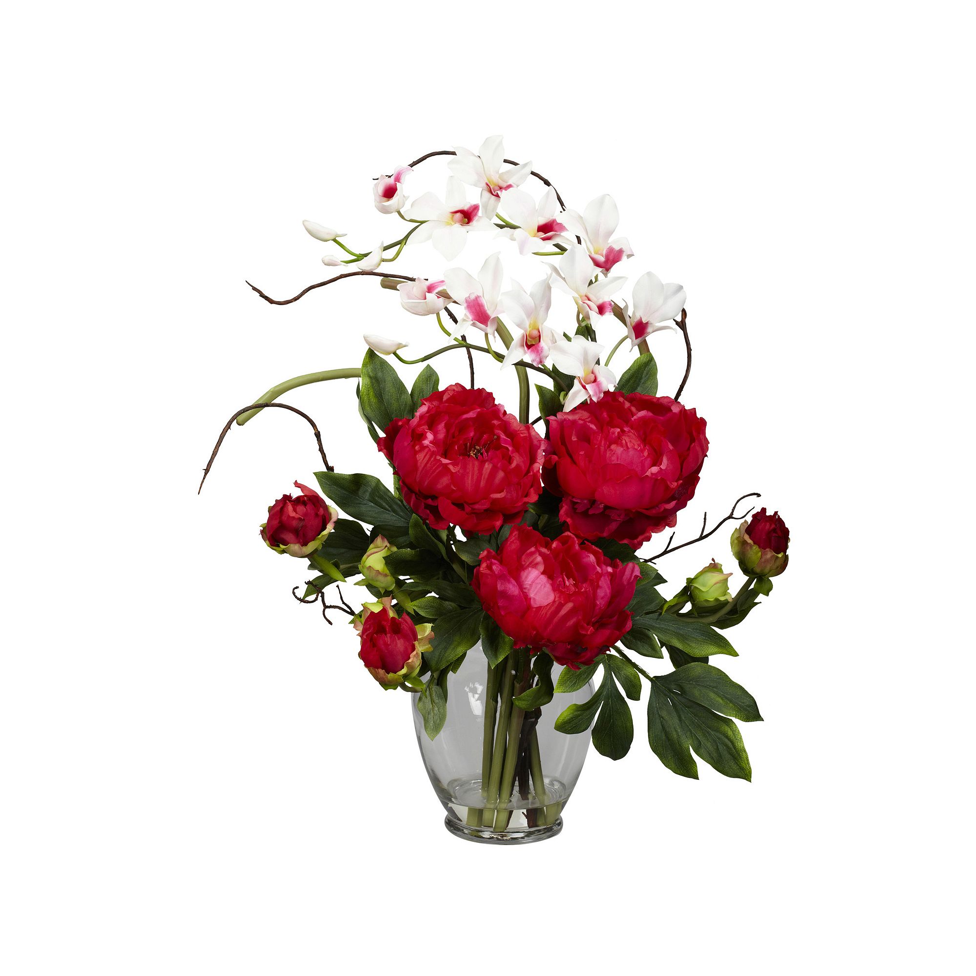 nearly natural Liquid Illusion Silk Peony & Orchid Floral Arrangement, Red