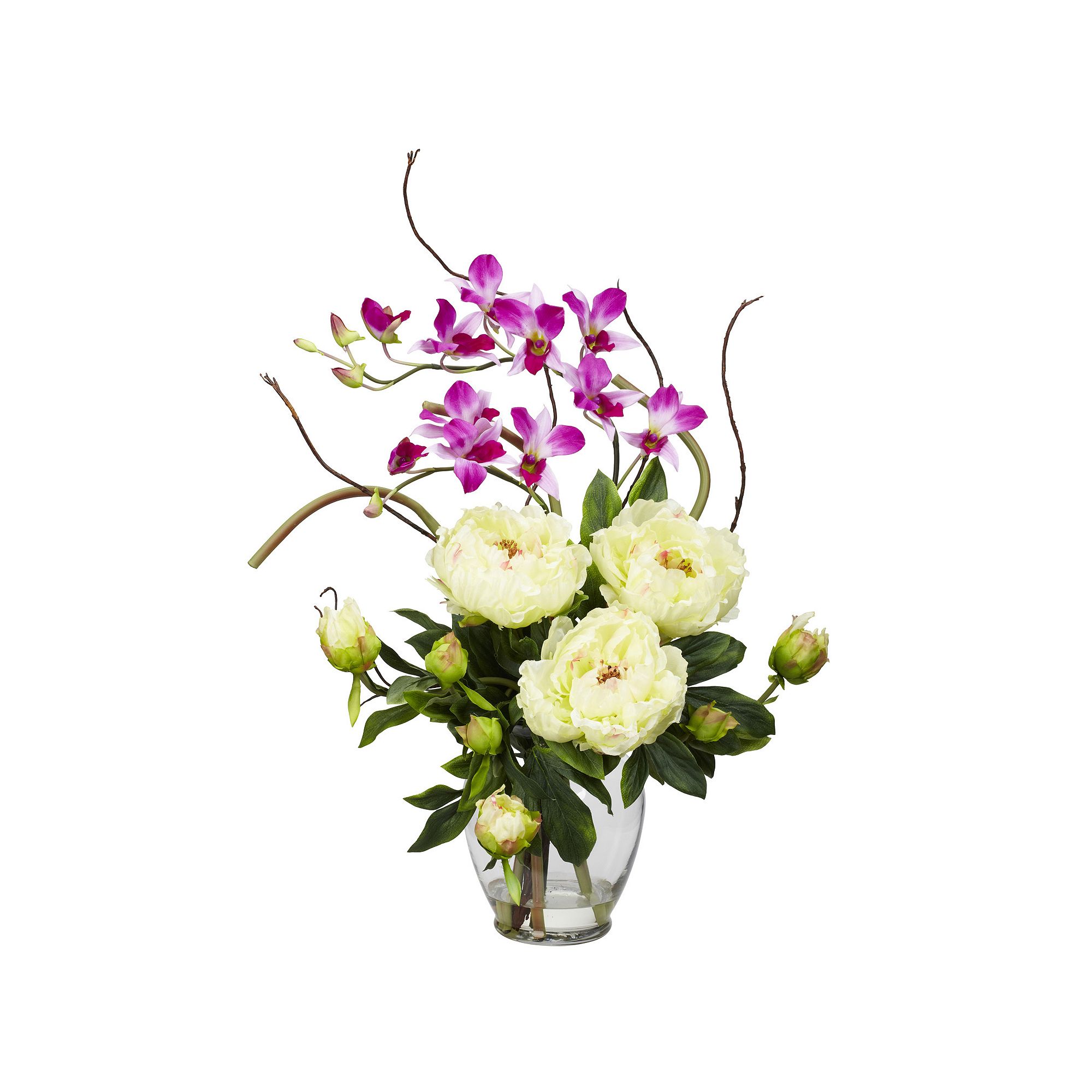 nearly natural Liquid Illusion White Silk Peony and Orchid Floral Arrangeme
