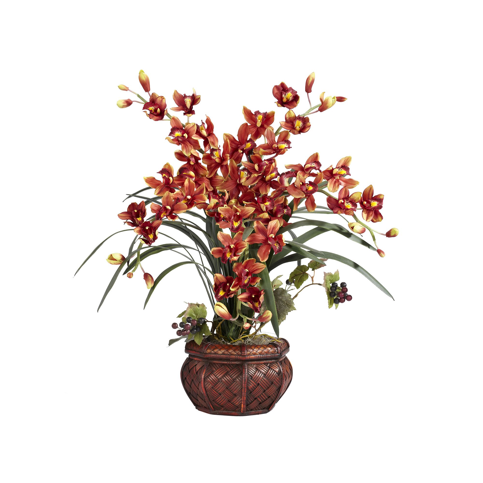 nearly natural Silk Cymbidium Floral Arrangement in a Wooden Planter, Red