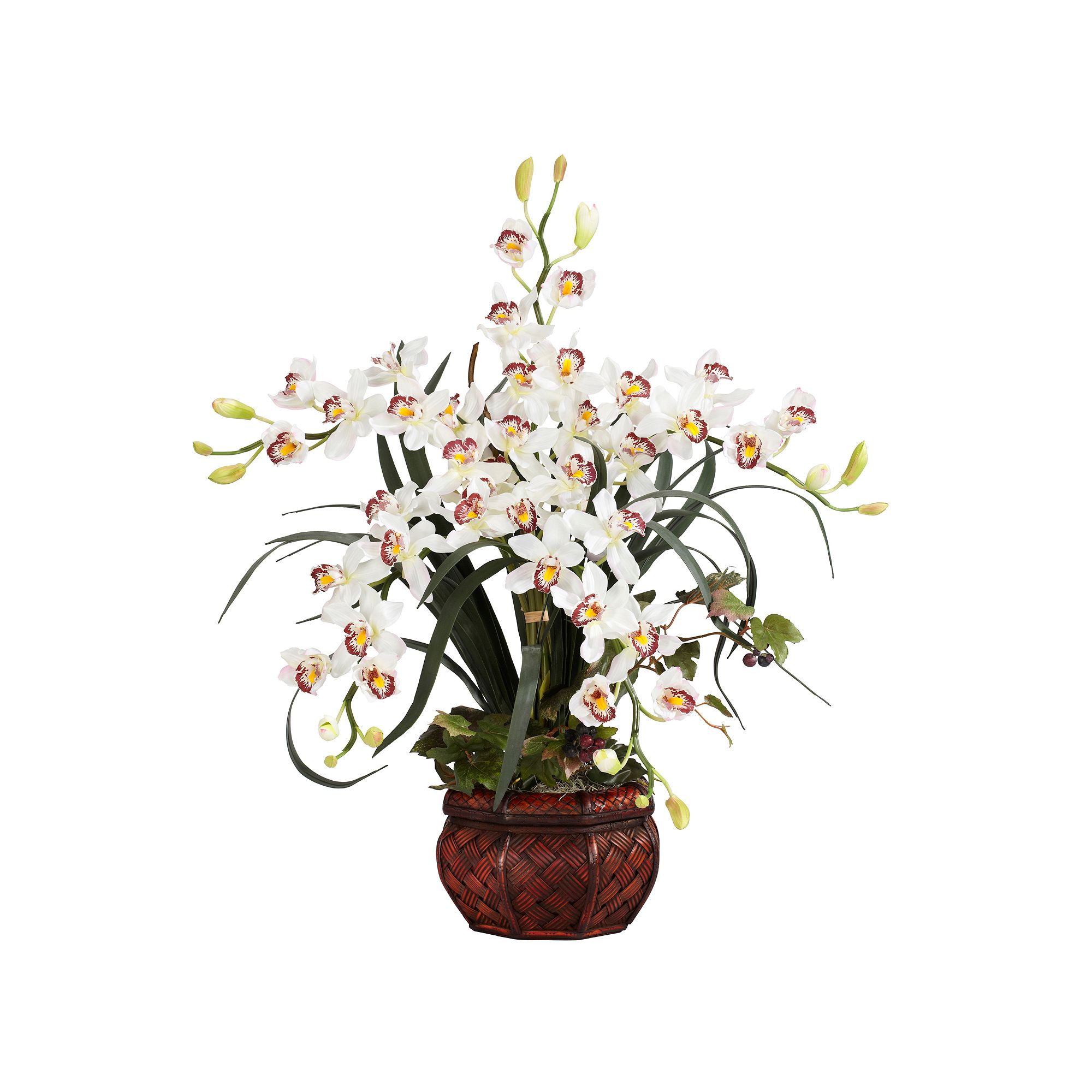 nearly natural Silk Cymbidium Floral Arrangement in a Wooden Planter, White