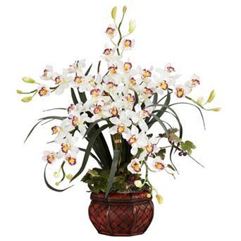 nearly natural Silk Cymbidium Floral Arrangement in a Wooden Planter