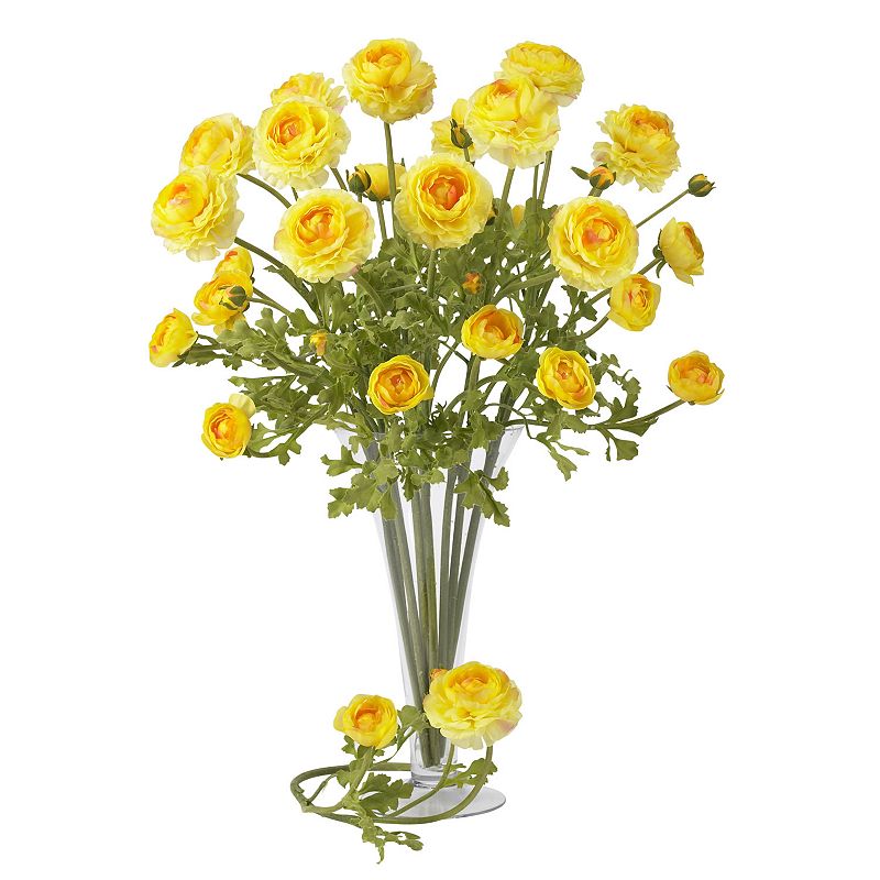 nearly natural 12-pc. Silk Ranunculus Stem Set, Yellow Different stages of bloom suggest a living plant. Leafy green leaves offer a realistic accent. Convenient twelve-pack makes decorating a breeze. 12-piece set 23-in. height (each) Polyester/iron wire Wipe clean  Size: One Size. Color: Yellow. Gender: unisex. Age Group: adult. Material: silk.