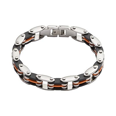 Stainless Steel and Black and Orange Rubber Bracelet Men