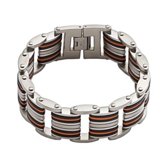 Gold LLC Stainless Steel and Black and Orange Rubber Bracelet - Men