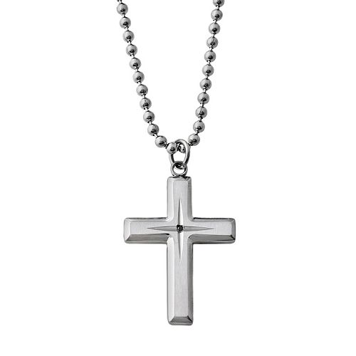 Stainless Steel Black Diamond Accent Cross Pendant - Men