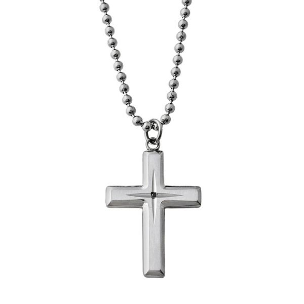 Stainless Steel Black Diamond Accent Cross Pendant - Men