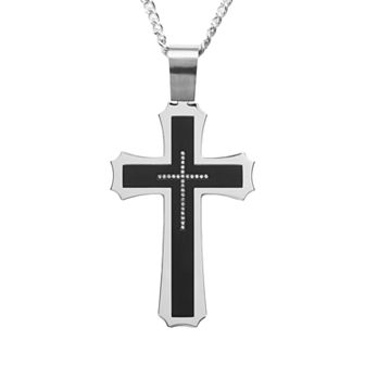 Stainless Steel and Black Immersion-Plated Stainless Steel Cubic Zirconia Cross Pendant - Men