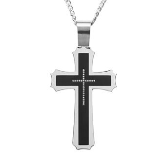 Gold LLC Stainless Steel and Black Immersion-Plated Stainless Steel Cubic Zirconia Cross Pendant - Men