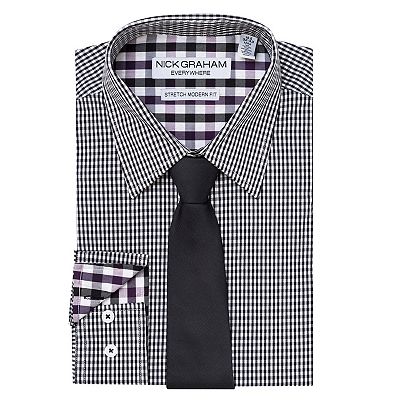 Men's Nick Graham Modern-Fit Stretch Dress Shirt & Tie Set, Size: Small 32-33, Black Gingham