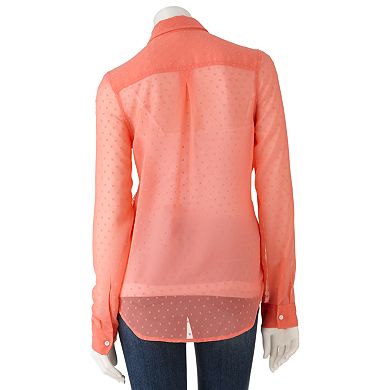 SO Sheer Textured Dotted Button-Front Top - Juniors