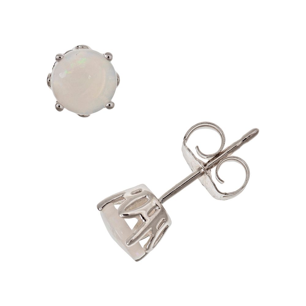 White Opal Stud Earrings in 14K Solid Gold, Prong Set White Opal Studs