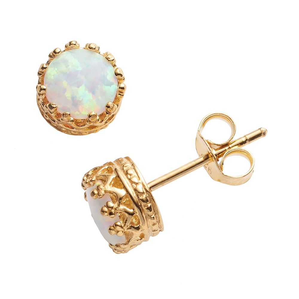 14k Solid Yellow Gold Beautiful Lab Created Opal Stud earrings 