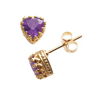 Designs by Gioelli 14k Gold Over Silver Amethyst Heart Crown Stud Earrings