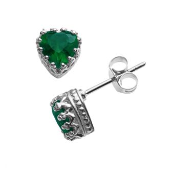 Designs by Gioelli Sterling Silver Lab-Created Emerald Heart Crown Stud Earrings