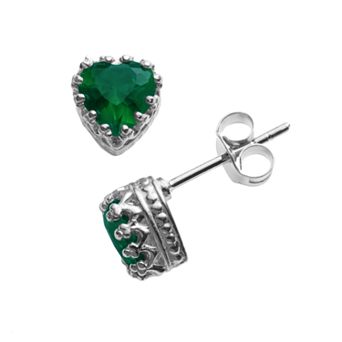 Designs by Gioelli Sterling Silver Lab-Created Emerald Heart Crown Stud Earrings
