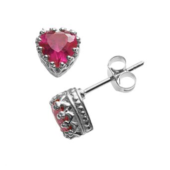 Designs by Gioelli Sterling Silver Lab-Created Ruby Heart Crown Stud Earrings