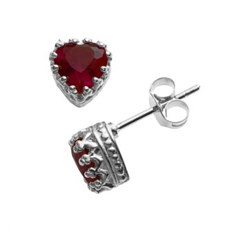 Designs by Gioelli Sterling Silver Garnet Heart Crown Stud Earrings