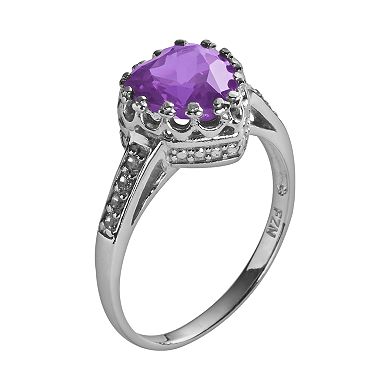 Sterling Silver Amethyst and Lab-Created White Sapphire Heart Crown Ring
