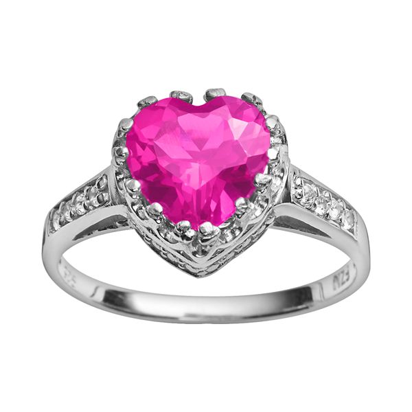 Designs by Gioelli Sterling Silver Lab-Created Pink Sapphire and  Lab-Created White Sapphire Heart Crown Ring