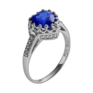 Sterling Silver Lab-Created Sapphire and Lab-Created White Sapphire Heart Crown Ring