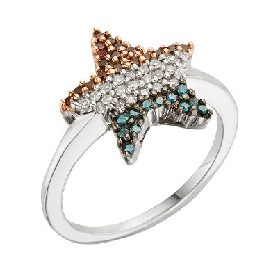 Jewelexcess Sterling Silver 1/4-ct. T.W. Red, White and Blue Diamond American Flag Star Ring