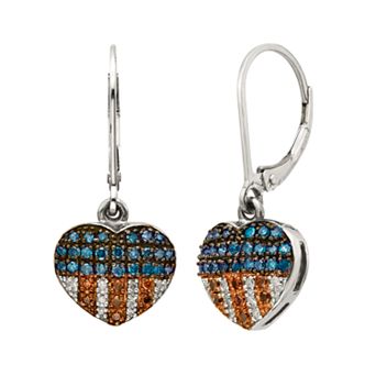 Jewelexcess Sterling Silver 1/4 ct T.W. Red, White and Blue Diamond American Flag Heart Drop Earrings
