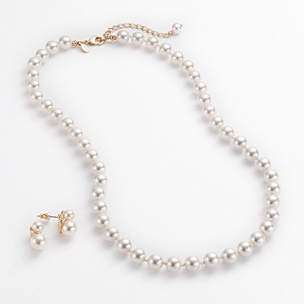 Gold Tone Simulated Pearl Necklace & Stud Earring Set