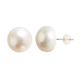 14k Gold 12-14 mm Freshwater Cultured Button Pearl Stud Earrings