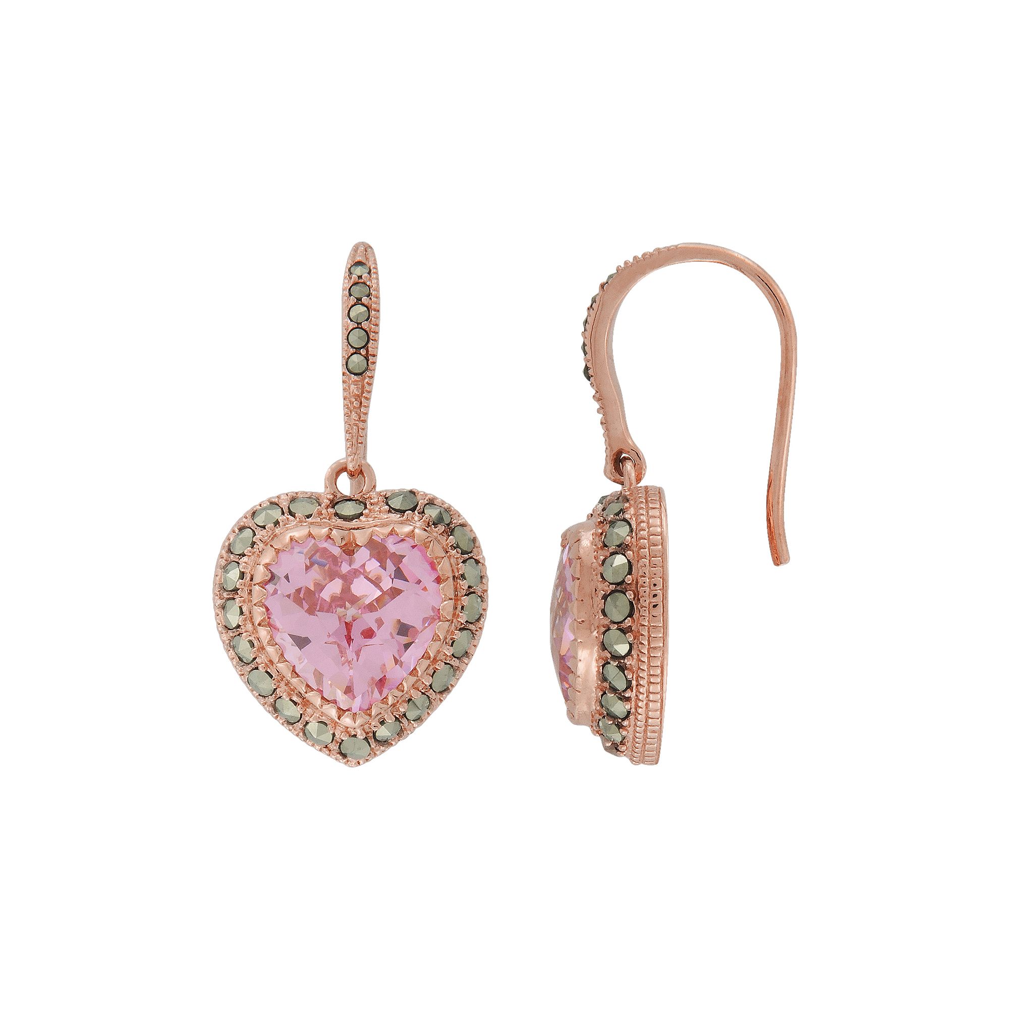 Lavish by TJM 14k Rose Gold Over Silver Pink Cubic Zirconia Heart Drop Earr