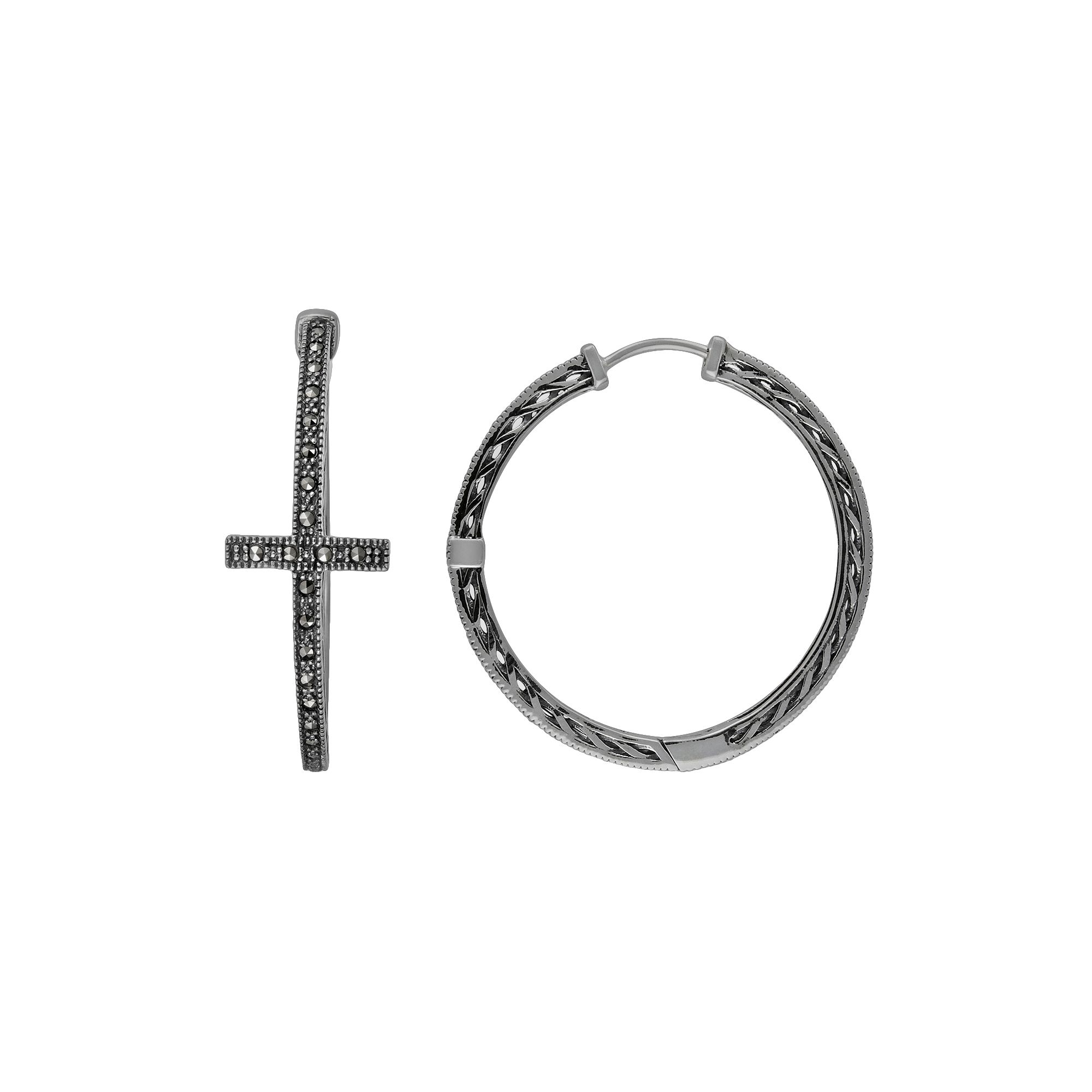 Lavish by TJM Sterling Silver Cross Hoop Earrings, Womens, Black
