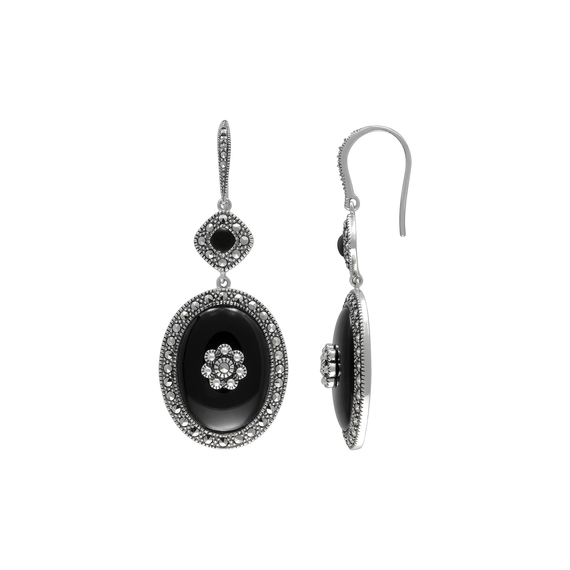 Lavish by TJM Sterling Silver Onyx Flower Halo Drop Earrings, Womens, Blac
