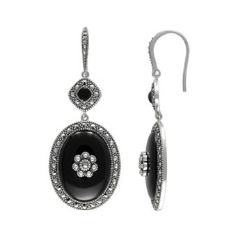 Lavish by TJM Sterling Silver Onyx Flower Halo Drop Earrings