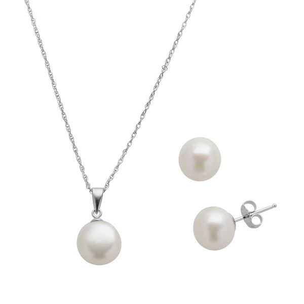 Sterling Silver Freshwater Cultured Pearl Pendant and Stud Earring Set