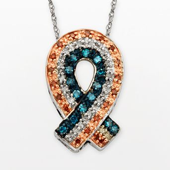 Jewelexcess Sterling Silver Tri-Tone 1/4 ct T.W. Red, Blue and White Diamond Ribbon Pendant