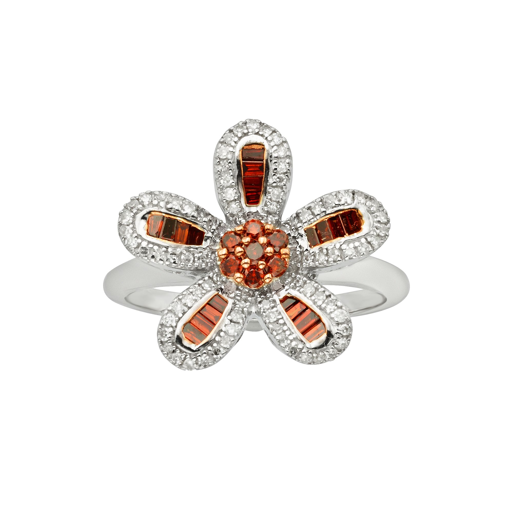 Jewelexcess Sterling Silver 1/2-ct. T.W. Red and White Diamond Flower Ring,