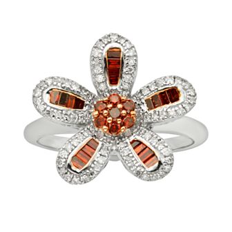 Jewelexcess Sterling Silver 1/2 ct T.W. Red and White Diamond Flower Ring