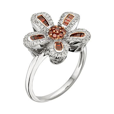 Jewelexcess Sterling Silver 1/2-ct. T.W. Red and White Diamond Flower Ring