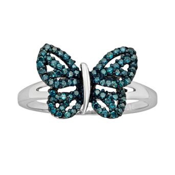 Jewelexcess Sterling Silver Two-Tone 1/4 ct T.W. Blue Diamond Butterfly Ring