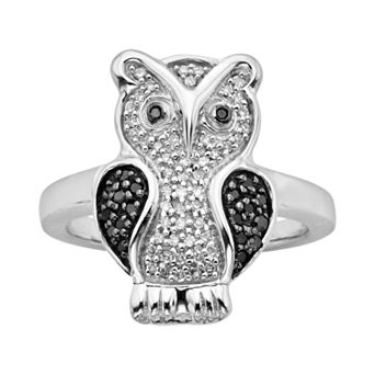 Jewelexcess Sterling Silver Two-Tone 1/4 ct T.W. Black and White Diamond Owl Ring