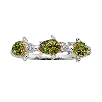 Jewelexcess Sterling Silver Two-Tone 1/4 ct T.W. Green and White Diamond Turtle Ring