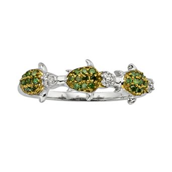 Jewelexcess Sterling Silver Two-Tone 1/4 ct T.W. Green and White Diamond Turtle Ring
