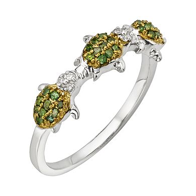 Jewelexcess Sterling Silver Two-Tone 1/4-ct. T.W. Green and White Diamond Turtle Ring