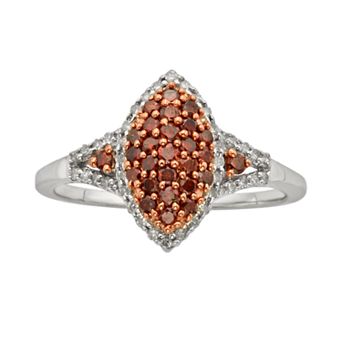 Jewelexcess Sterling Silver Two-Tone 1/2 ct T.W. Red and White Diamond Marquise Ring