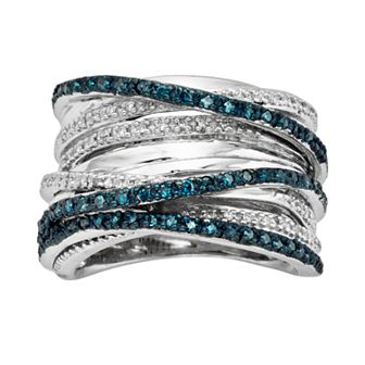 Jewelexcess Sterling Silver Two-Tone 1/2 ct T.W. Blue and White Diamond Orbit Ring