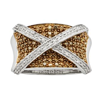 Jewelexcess Sterling Silver Two-Tone 1 ct T.W. Champagne and White Diamond X Ring