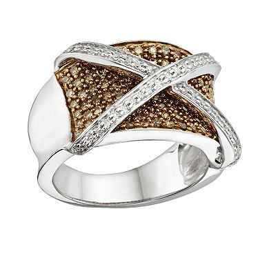 Jewelexcess Sterling Silver Two-Tone 1-ct. T.W. Champagne and White Diamond X Ring