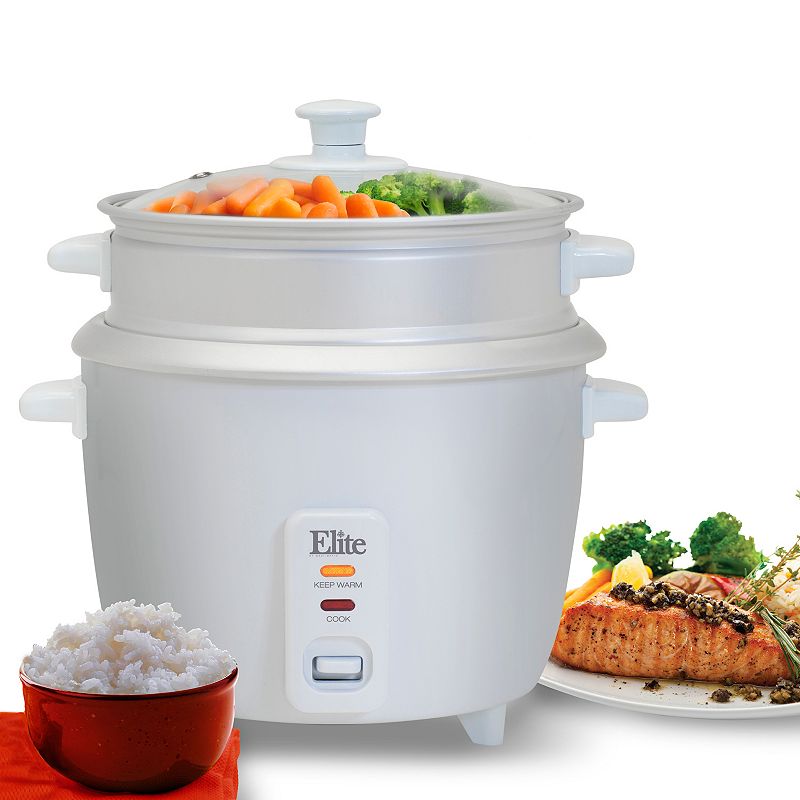 Elite Gourmet 6-Cup Rice Cooker with Steam Tray, White